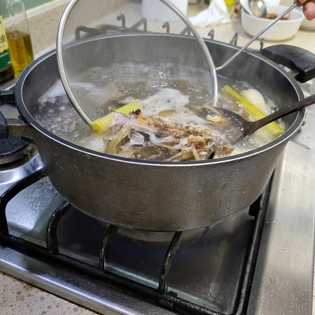 Un colino a maglia metallica che rimuove gli aromatici solidi e una testa di pesce da una grande pentola di brodo bollente.