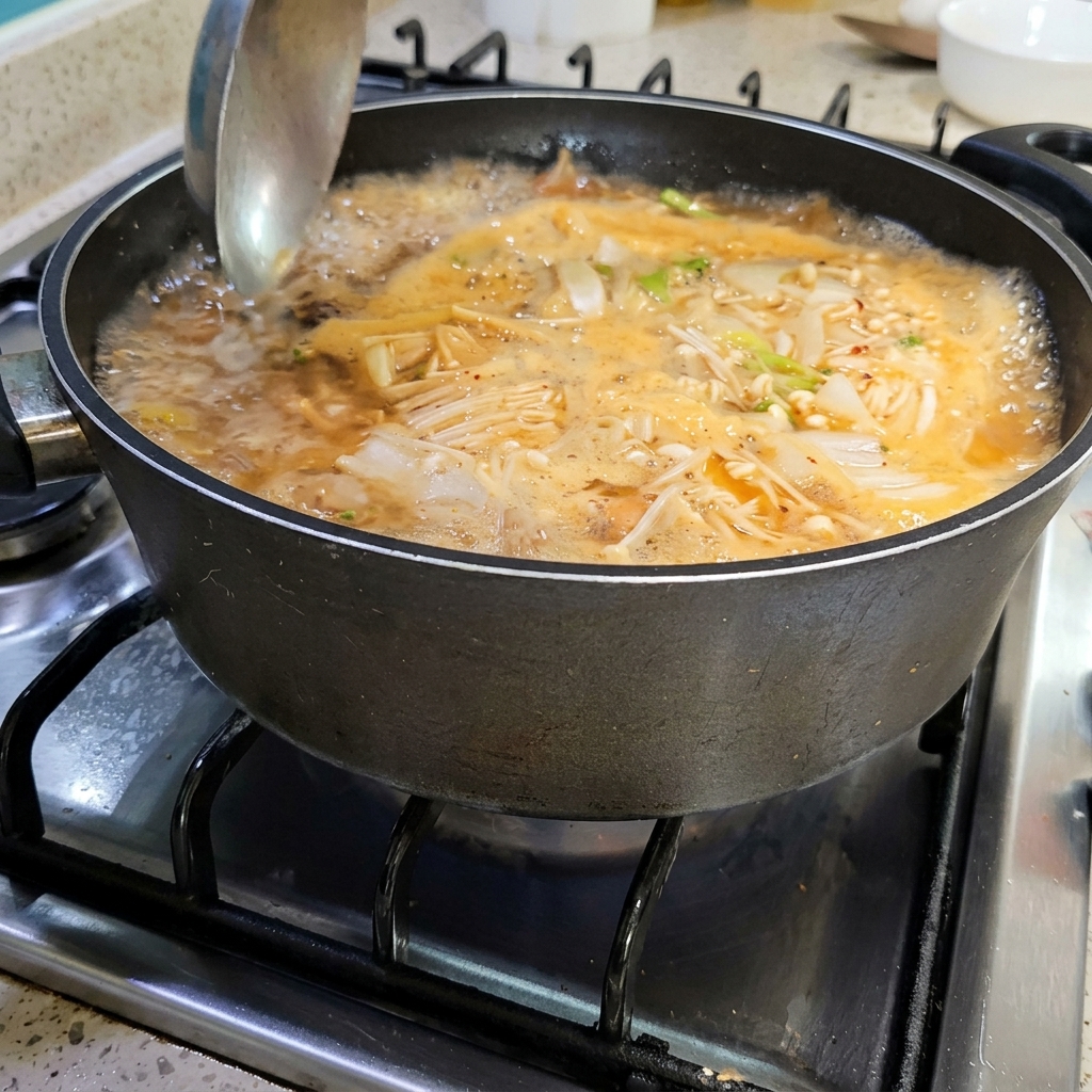 Un mestolo usato per rimuovere con cura la schiuma dalla superficie del Doenjang Jjigae bollente.