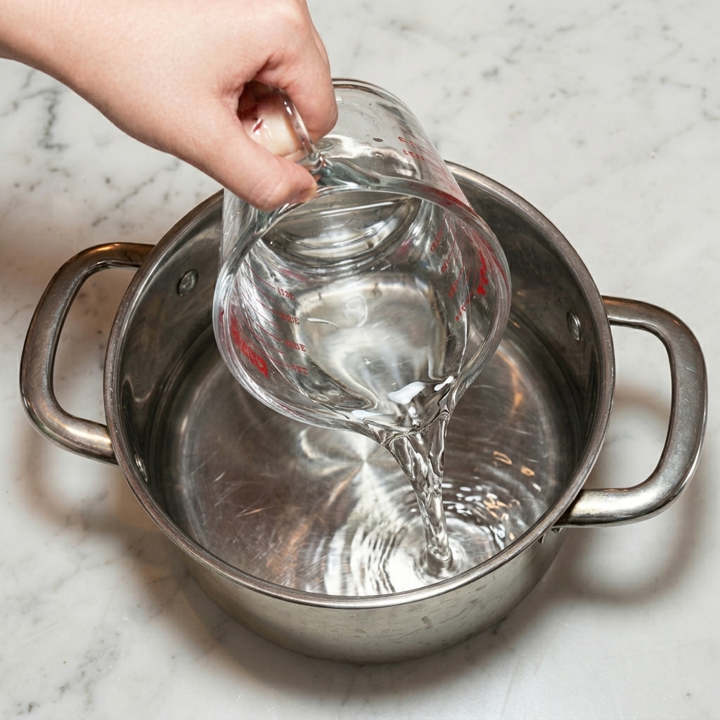 Acqua versata da un misurino di vetro nella pentola sopra gli ingredienti.