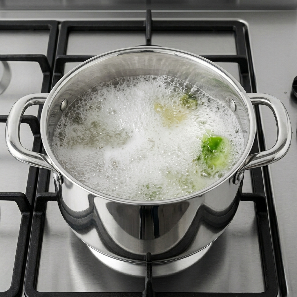 Pentola con il brodo di acciughe e verdure che bolle sul fornello.