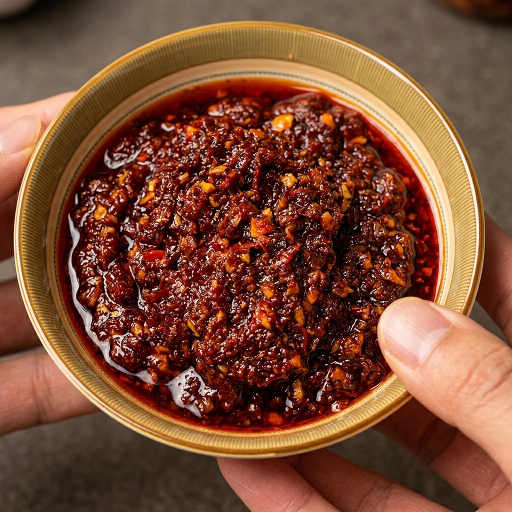 Una densa salsa piccante rossa viene versata sopra i filetti di merluzzo bianco crudo in una padella.