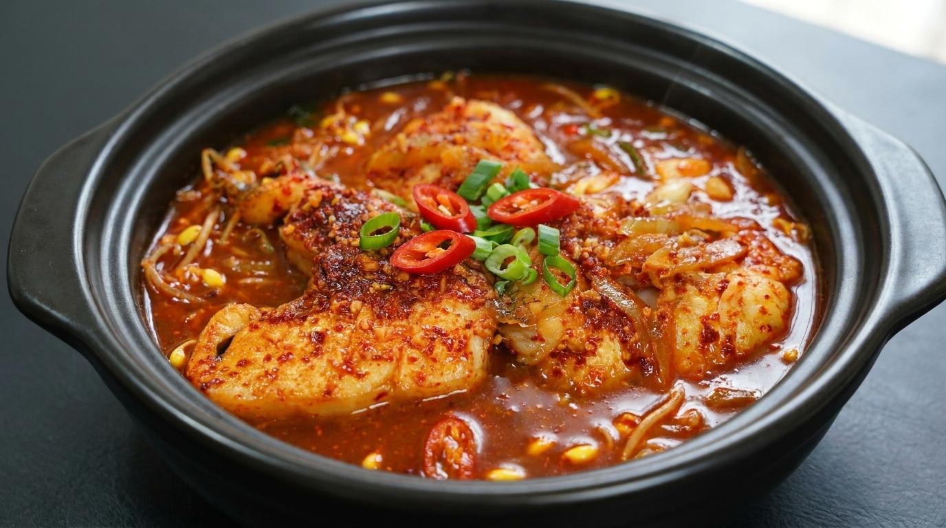 Merluzzo brasato speziato in stile coreano con germogli di soia