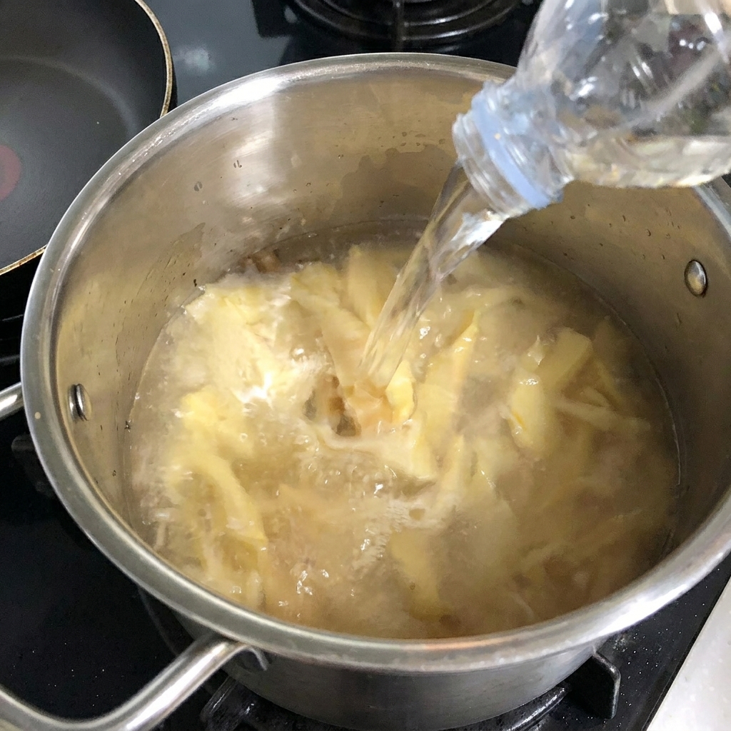 Un panetto di tofu bianco che viene tagliato a cubetti su un tagliere di legno.
