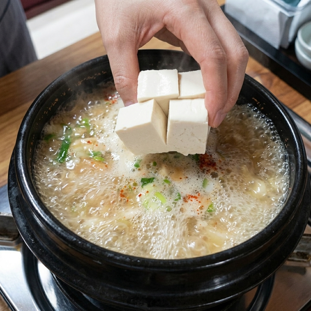 Fette di tofu morbido aggiunte con cura allo stufato di pasta di soia bollente.