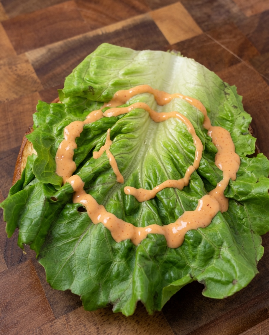 Composizione del burger fresco con strati di lattuga, cipolla e pomodoro.