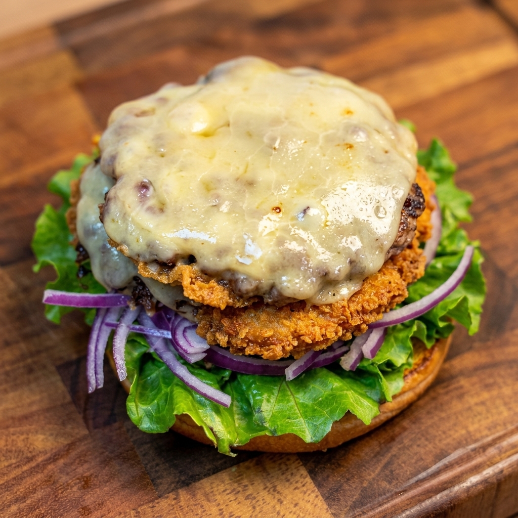 Succoso burger di manzo con formaggio fuso aggiunto alla torre del panino.