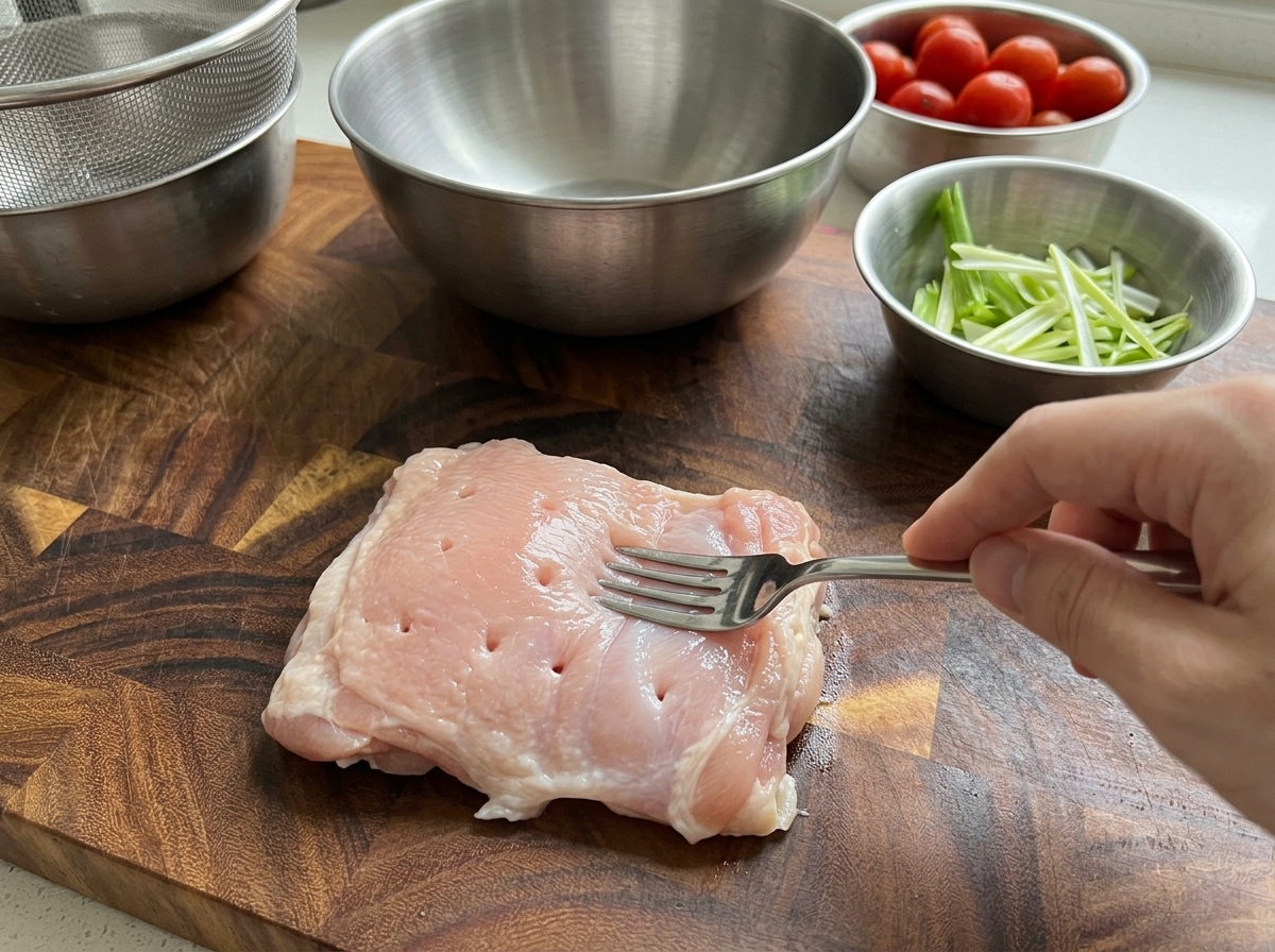 Pezzi di pollo in una ciotola di metallo con zenzero, cipollotti, salsa di soia, miele e peperoncino.