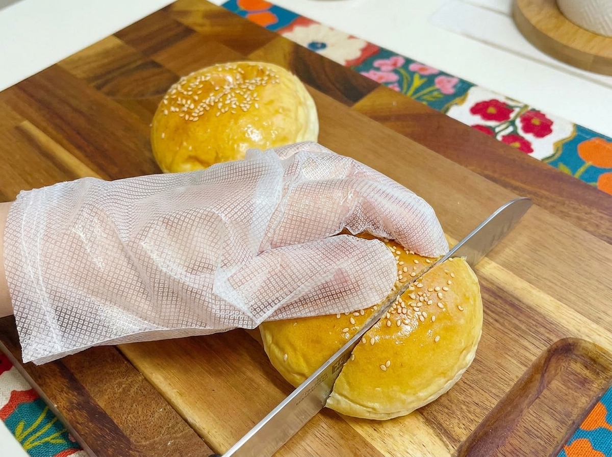 Un panino per hamburger tagliato a metà su un tagliere di legno.