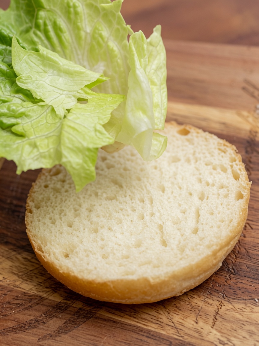 Foglie di lattuga fresca verde posizionate sulla metà inferiore di un panino bianco.