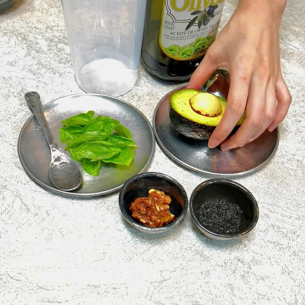 Un frullatore contenente avocado, basilico, noci e altri ingredienti pronti per essere trasformati in una salsa verde liscia.