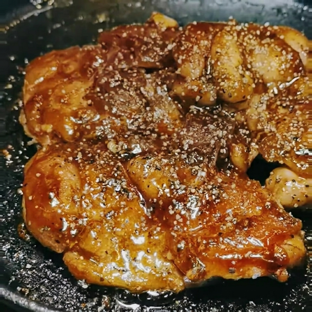 Pezzi di pollo cotto e glassato in padella mentre vengono conditi con pepe nero macinato fresco.