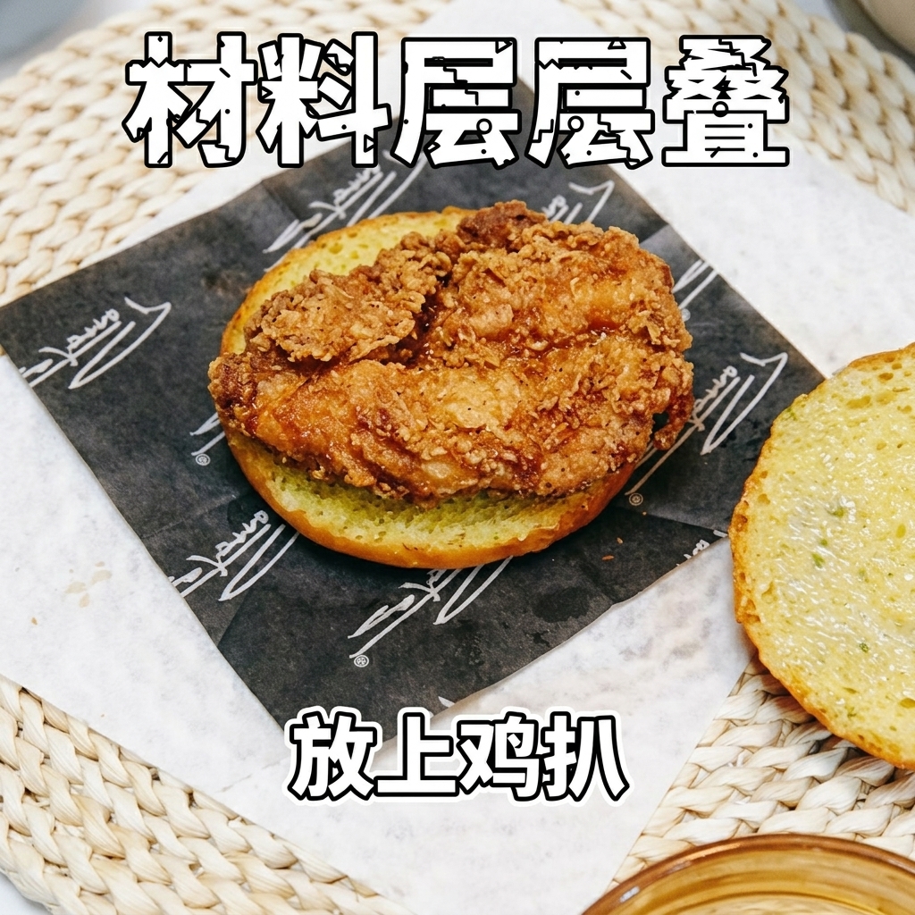 Pezzi di pollo cotto e glassato alla teriyaki adagiati sulla metà inferiore del pane tostato.