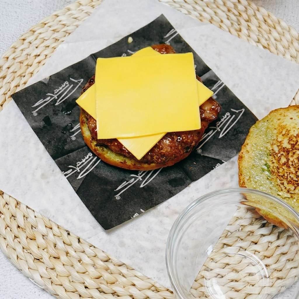 Una pila di formaggio, cetriolo, cetriolini, uovo fritto e pomodoro posizionati sopra il burger di pollo.
