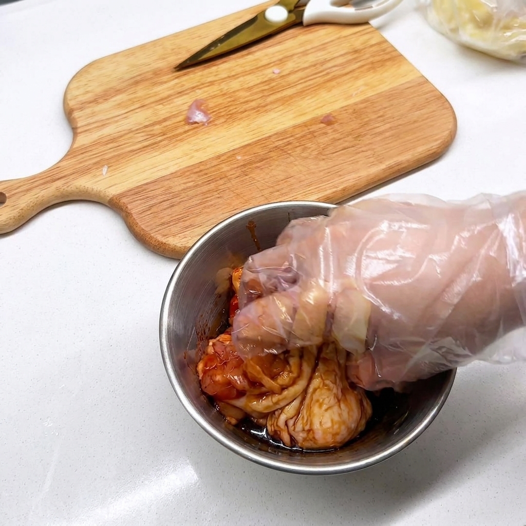 Mano guantata che mescola i pezzi di pollo con la marinata e gli aromi in una ciotola.