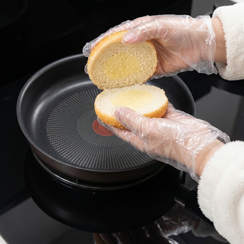 Due metà di pane per burger che tostano in una padella antiaderente con burro fuso.