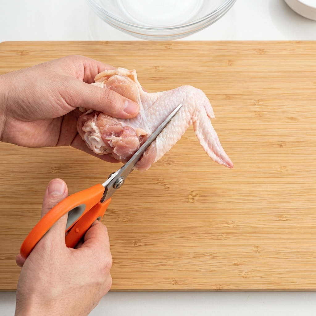Primo piano di mani che usano forbici da cucina per rimuovere losso da una coscia di pollo cruda su un tagliere di legno.
