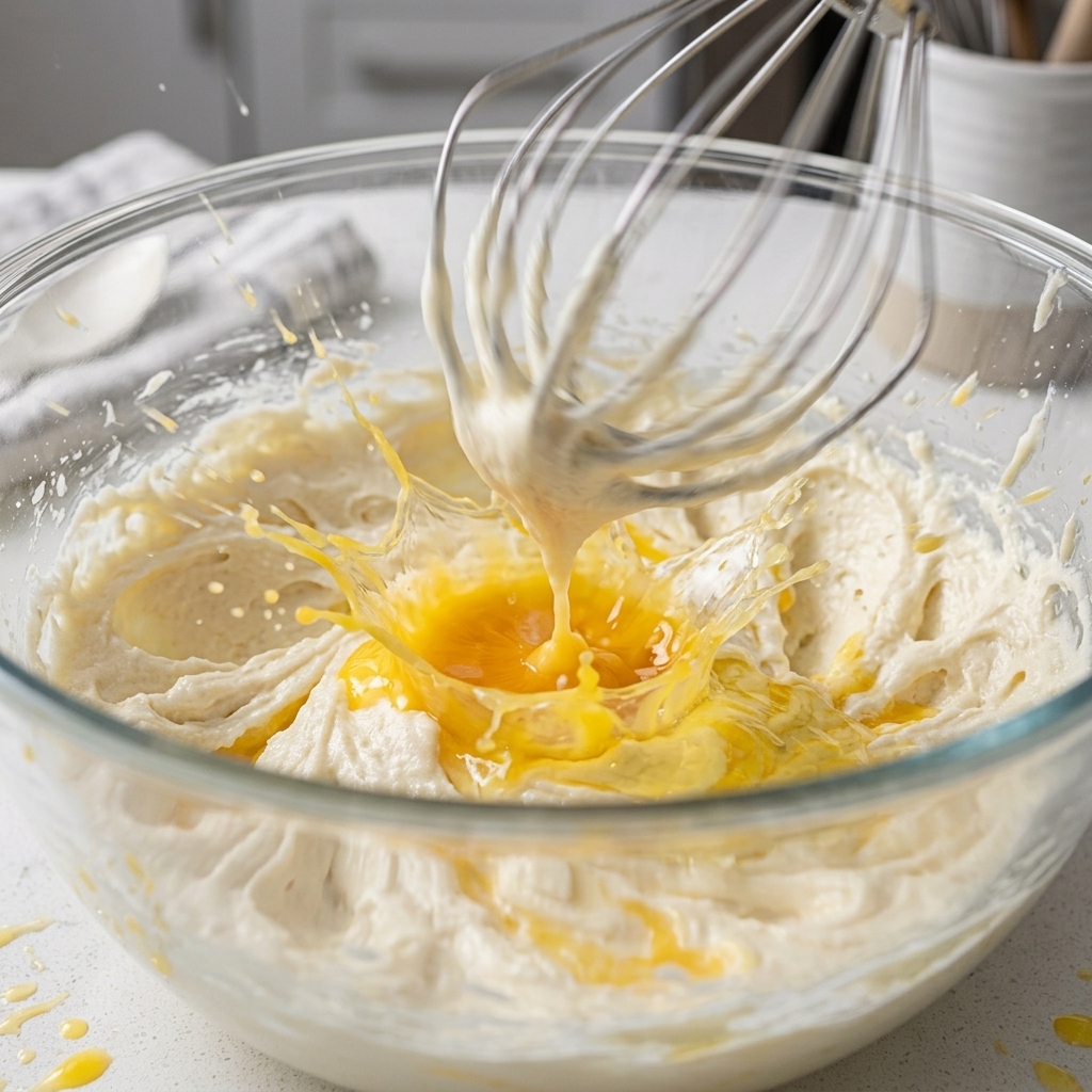 Unimpastatrice planetaria che lavora gli ingredienti dellimpasto in una grande ciotola di vetro.