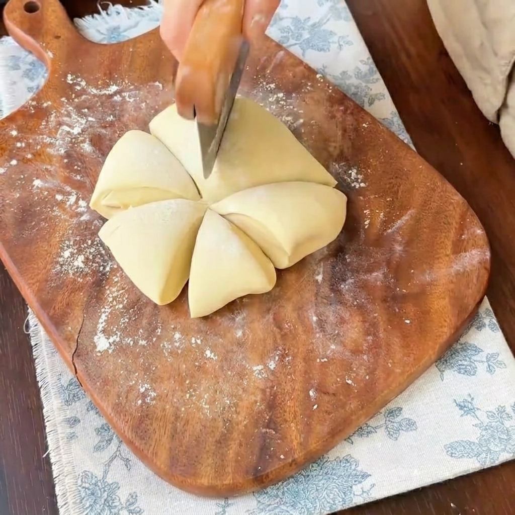 Sei porzioni di impasto preparato tagliate e separate su un tagliere di legno.