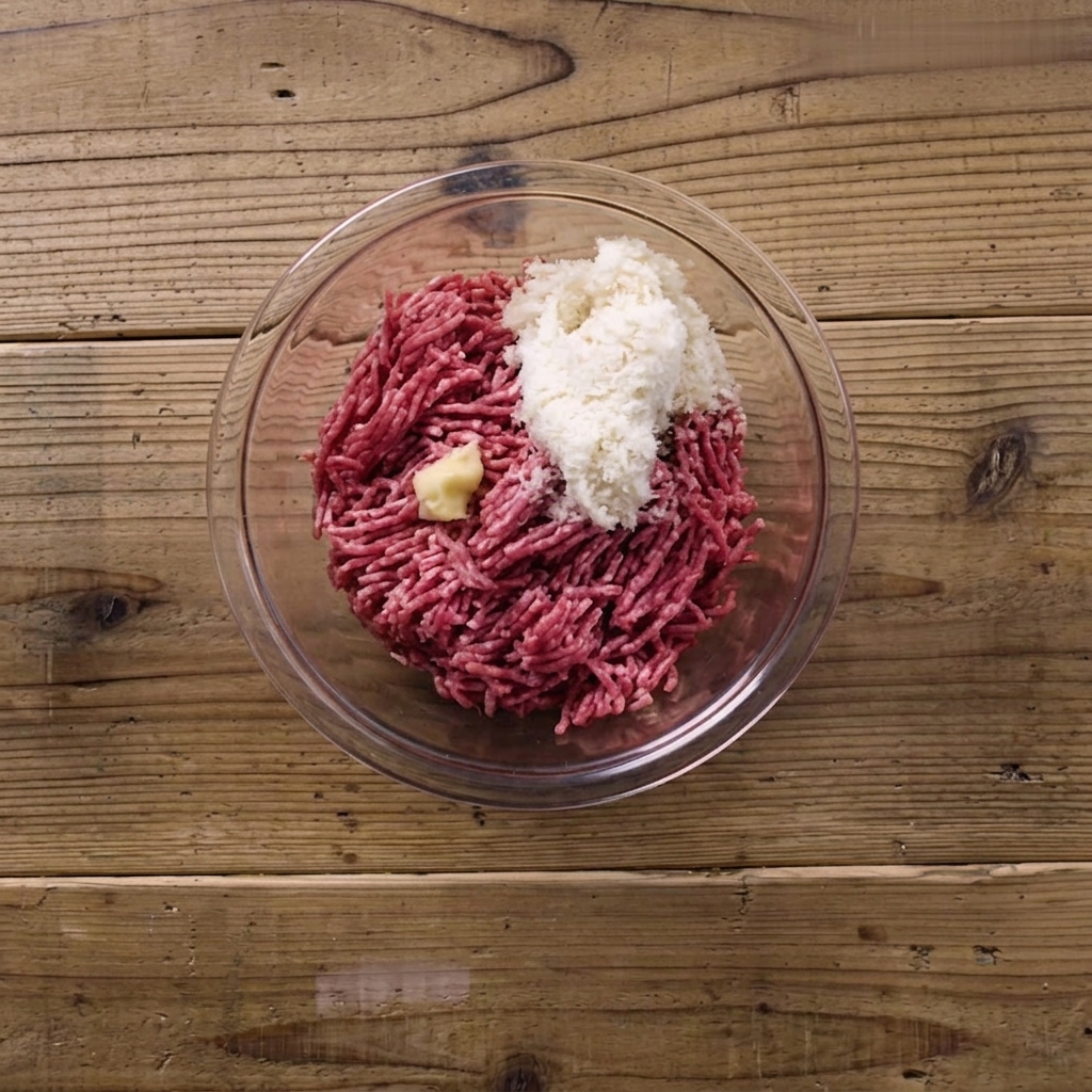 Una ciotola capiente con carne macinata, un uovo crudo e pangrattato ammollato.