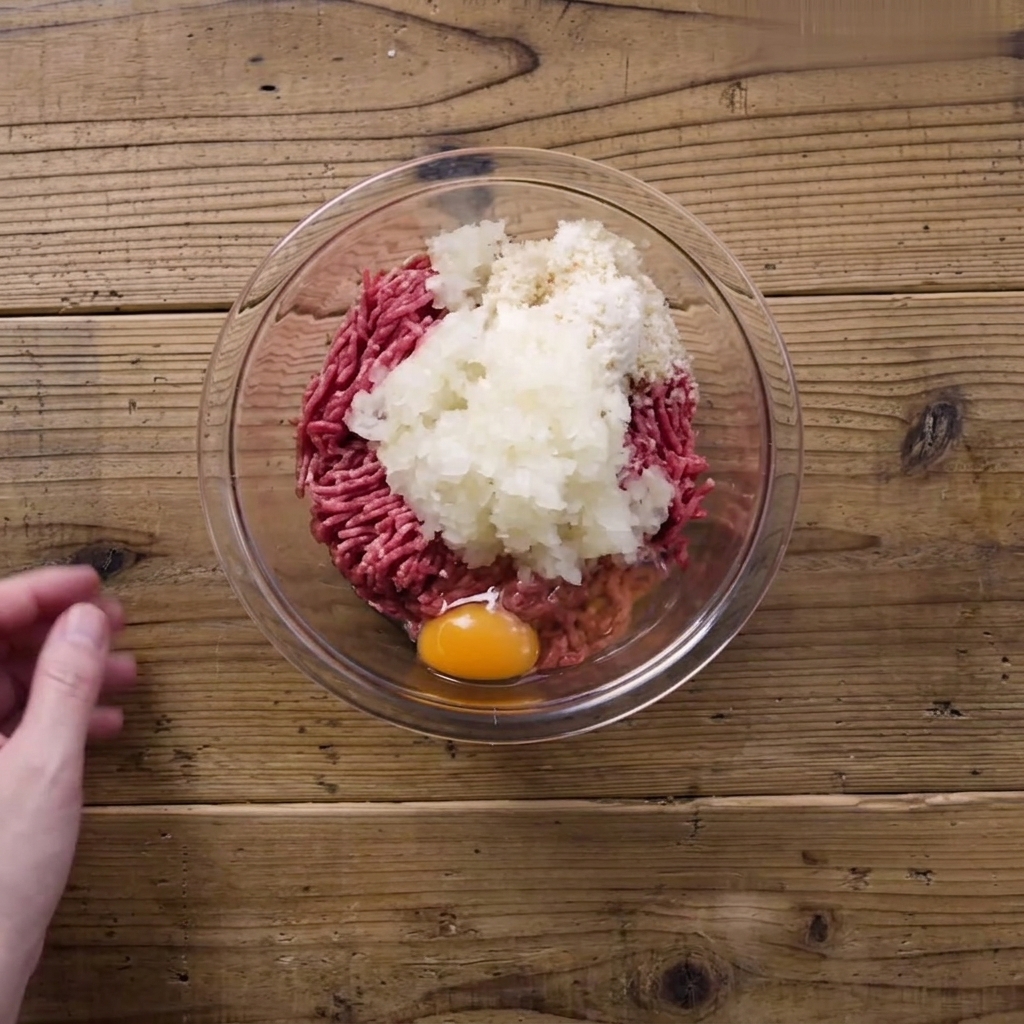 Una ciotola con carne, cipolle, pangrattato e uovo, con una mano pronta a mescolare.