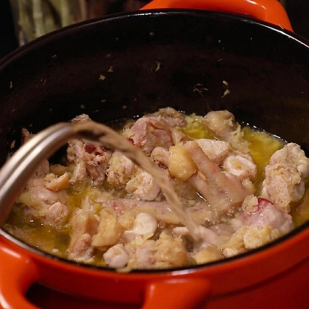 Una pentola rossa coperta dal suo coperchio che sobbolle sul fornello, creando un vapore delicato.