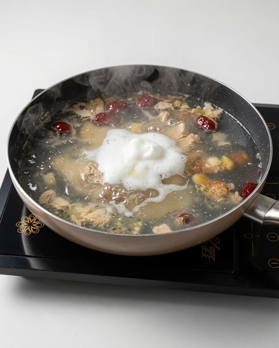 Un mestolo che rimuove la schiuma bianca dalla superficie della zuppa di pollo in ebollizione.