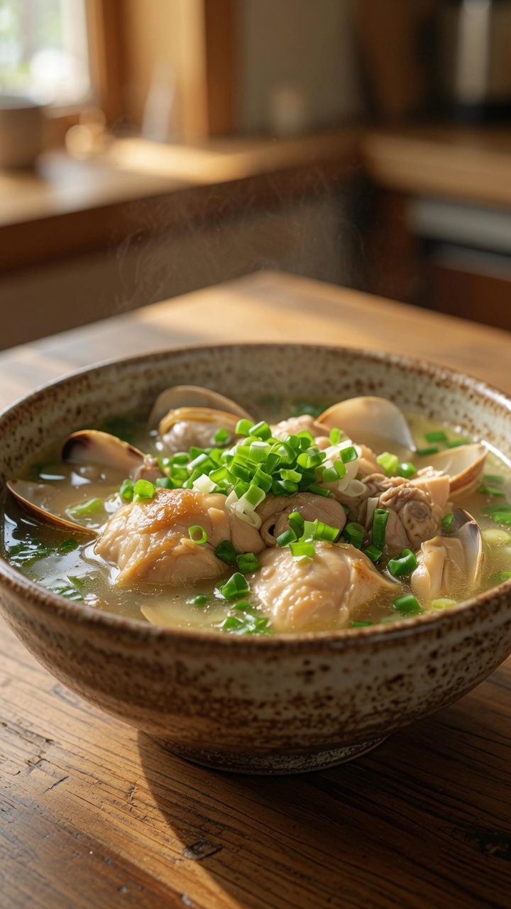 Zuppa di Pollo e Vongole con Cipollotto Salato