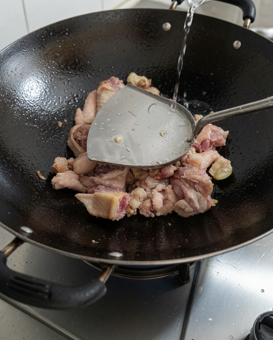 Versamento di acqua fresca nel wok contenente il pollo rosolato.