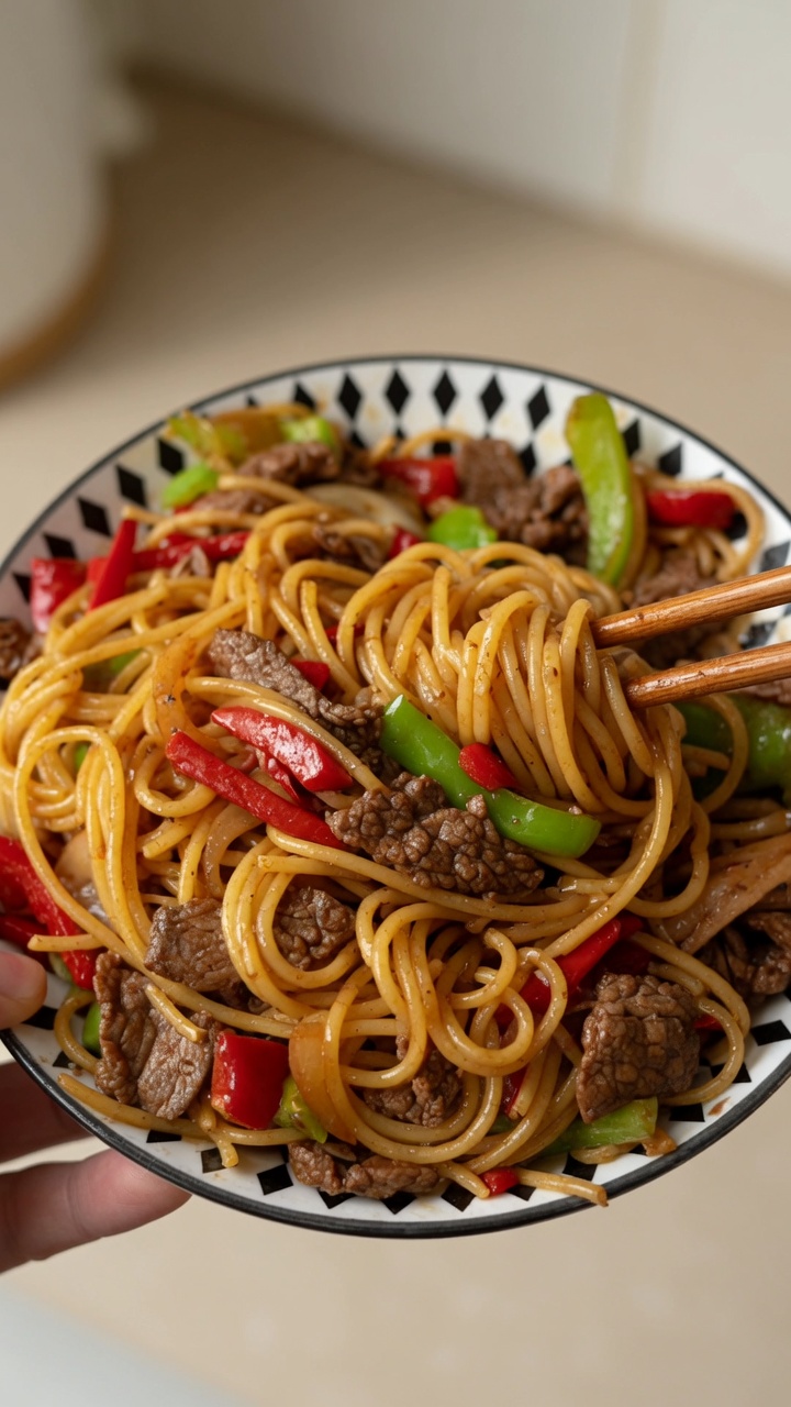 Spaghetti saltati con manzo saporito
