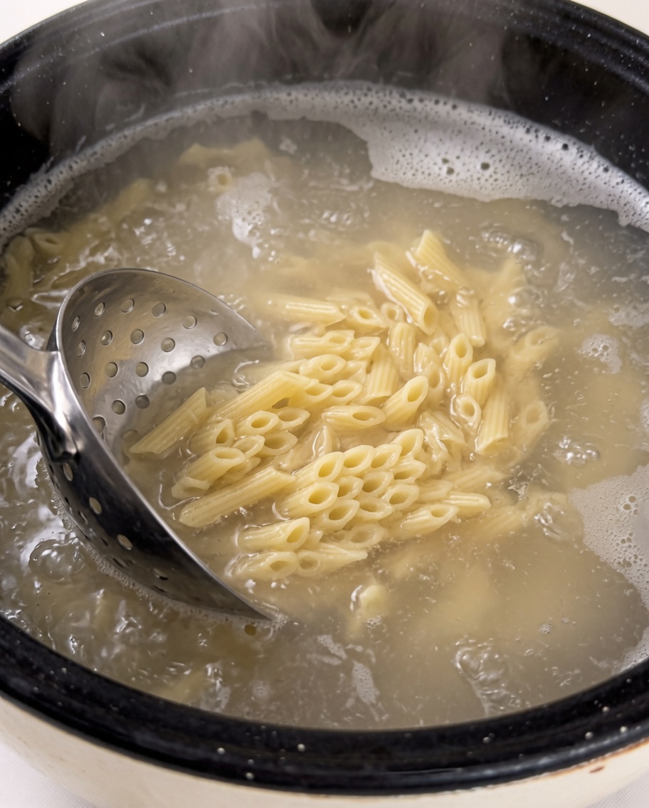 Penne mescolate in acqua bollente con un cucchiaio forato di metallo.