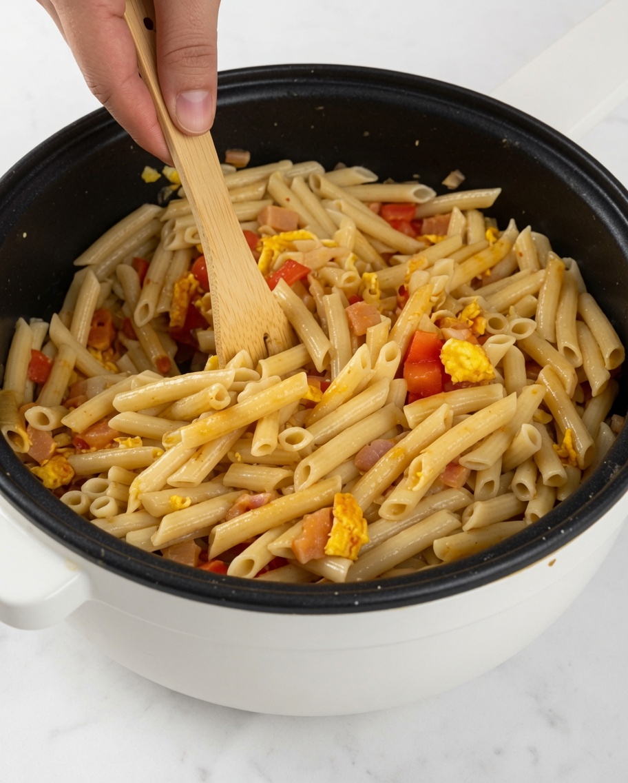 Padella contenente penne mescolate con peperoni, carne e uova strapazzate, mescolate con un cucchiaio di legno.