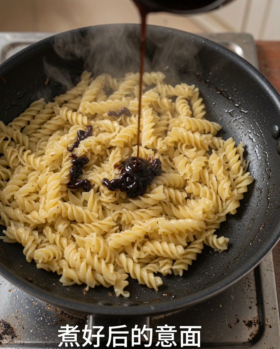 Salsa al pepe nero versata sopra i fusilli cotti in padella.