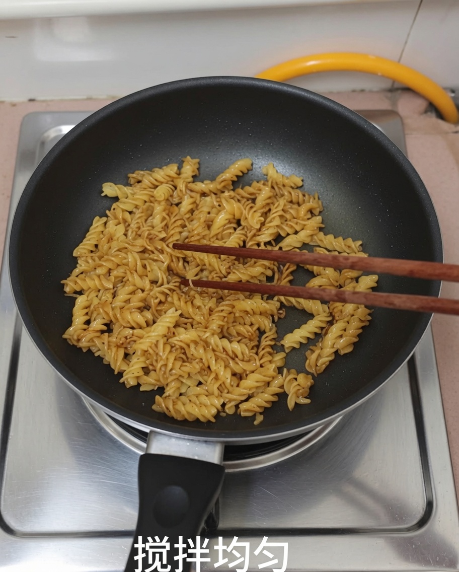 Pasta e salsa mescolate in padella con delle bacchette.