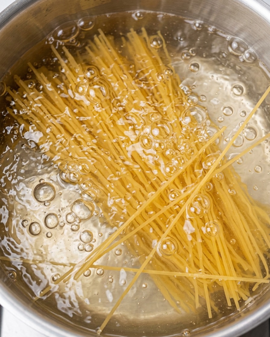 Spaghetti che cuociono in una pentola di acqua bollente.