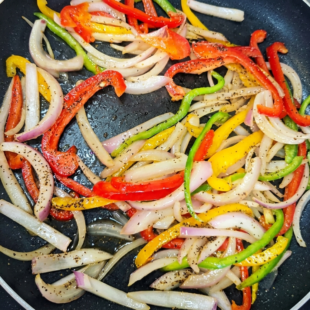 Manzo, pasta e verdure saltati insieme in una padella.