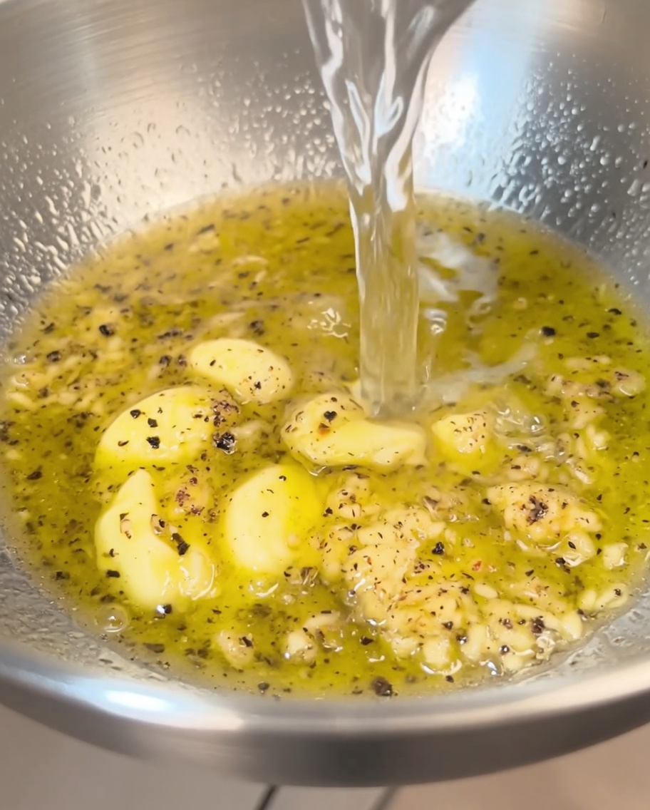 Una salsa cremosa ed emulsionata nella ciotola dopo aver sbattuto insieme burro, olio e acqua di cottura.
