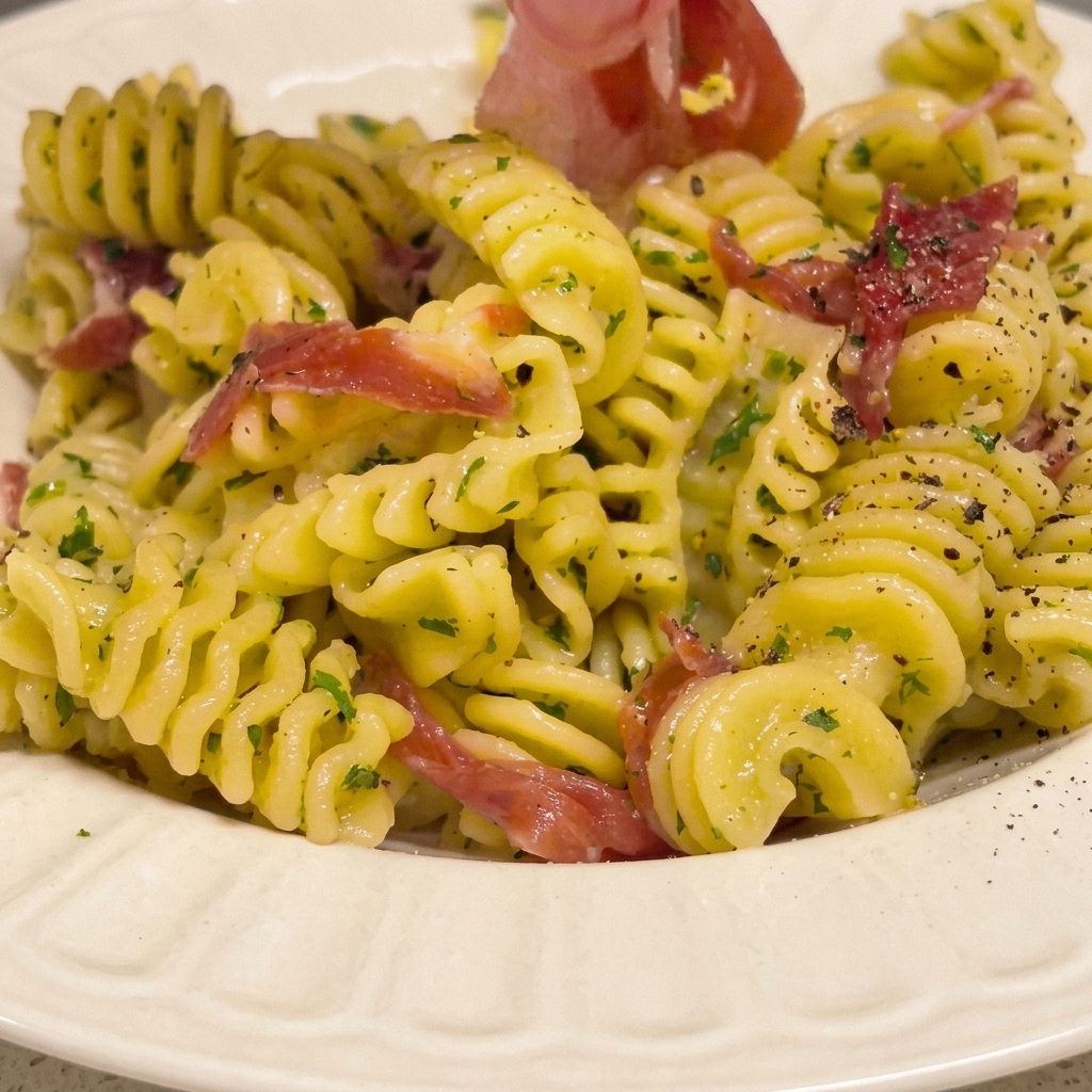 Prezzemolo essiccato spolverato sul piatto di pasta in una ciotola da portata.