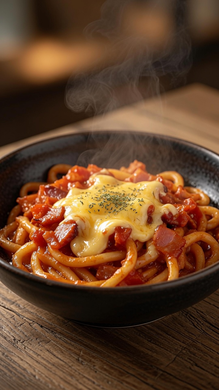 Noodles Udon con Pomodoro, Pancetta e Formaggio