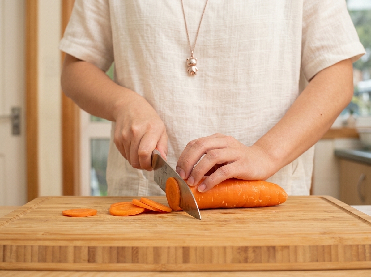 Fette di carota intagliate a forma di fiore su un tagliere.