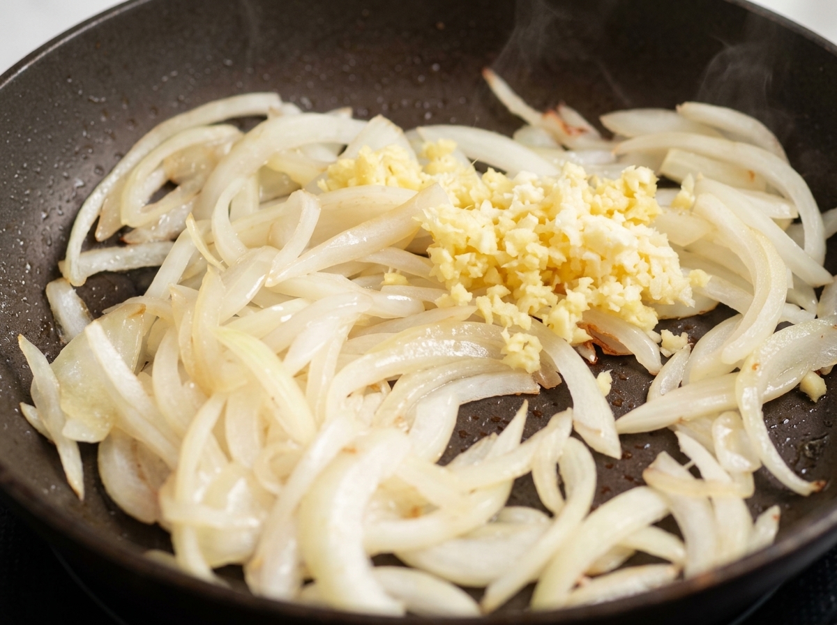 Zenzero e aglio tritati sopra le cipolle saltate in padella.