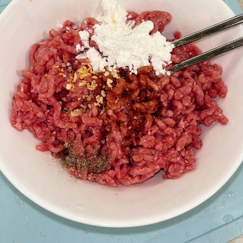 Manzo macinato in una ciotola bianca mescolato con condimenti e amido usando le bacchette.