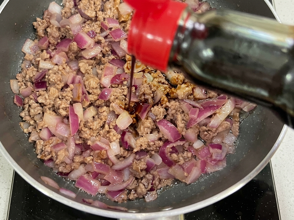 Salsa di soia scura e ketchup aggiunti alla padella con manzo e cipolle.