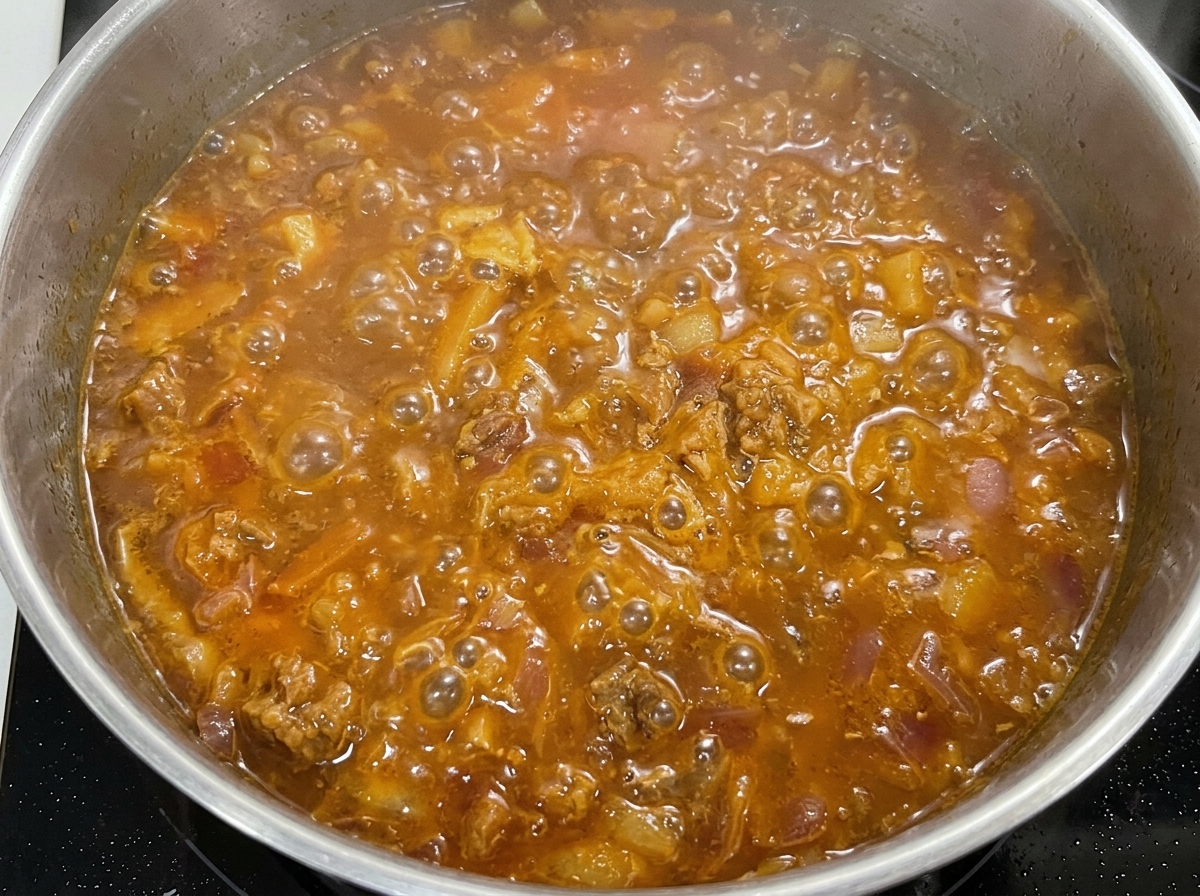 Primo piano di una padella contenente un ricco composto di manzo e cipolla, con cipollotto fresco cosparso sopra.