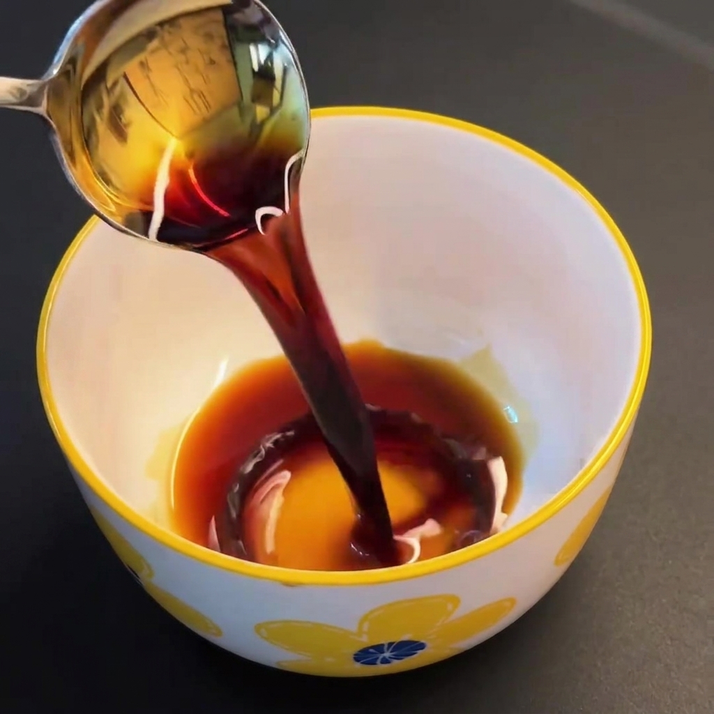 Salsa di soia, salsa di ostriche e altri condimenti mescolati insieme in una ciotola.