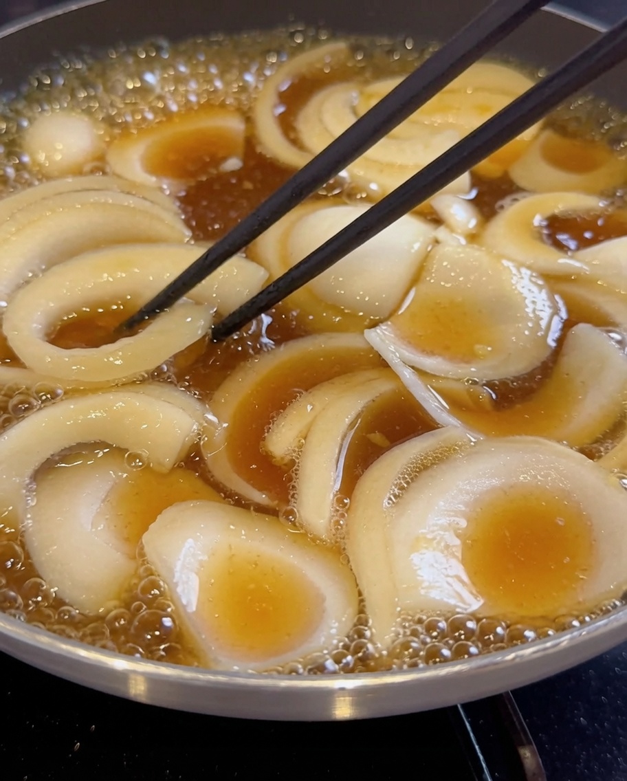 Cipolle affettate che sobbollono in un liquido scuro in padella.