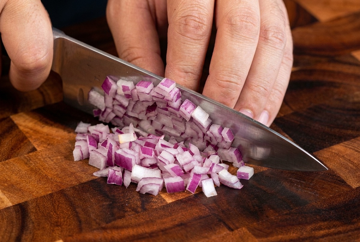 Pezzi di cipolla rossa fresca tritata su un tagliere in legno.