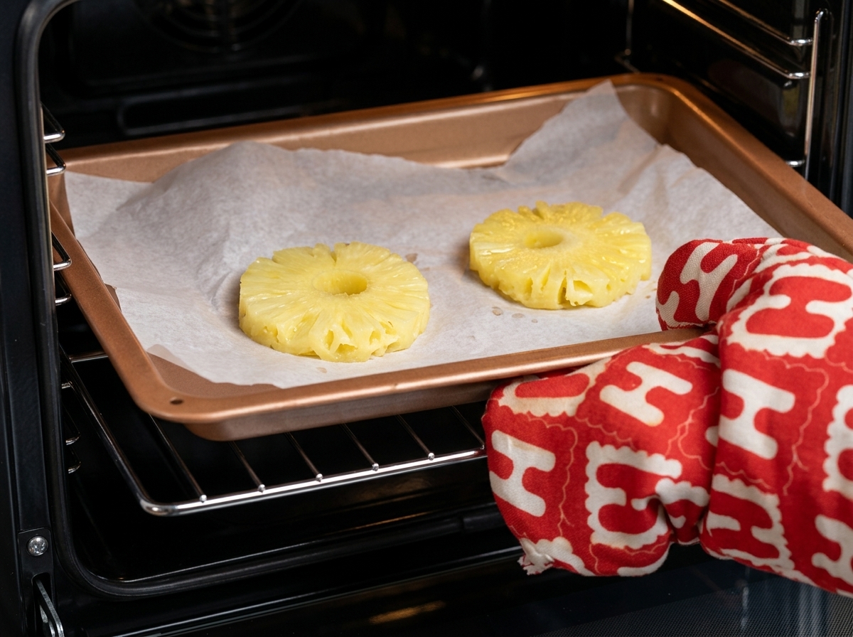 Fette di ananas fresco disposte su una teglia foderata di carta forno.
