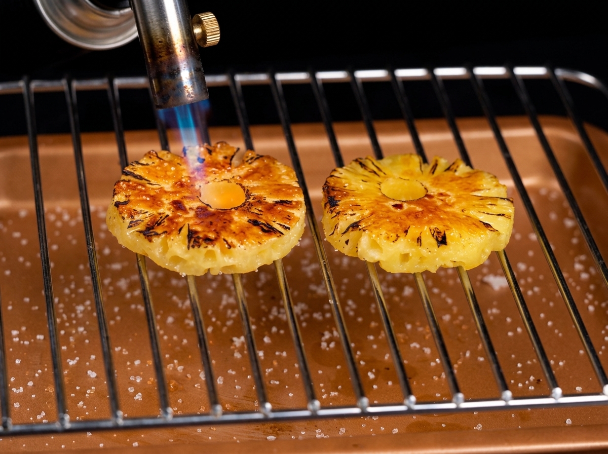 Fette di ananas su una griglia con superficie di zucchero caramellato dorato, mentre vengono fiammeggiate.