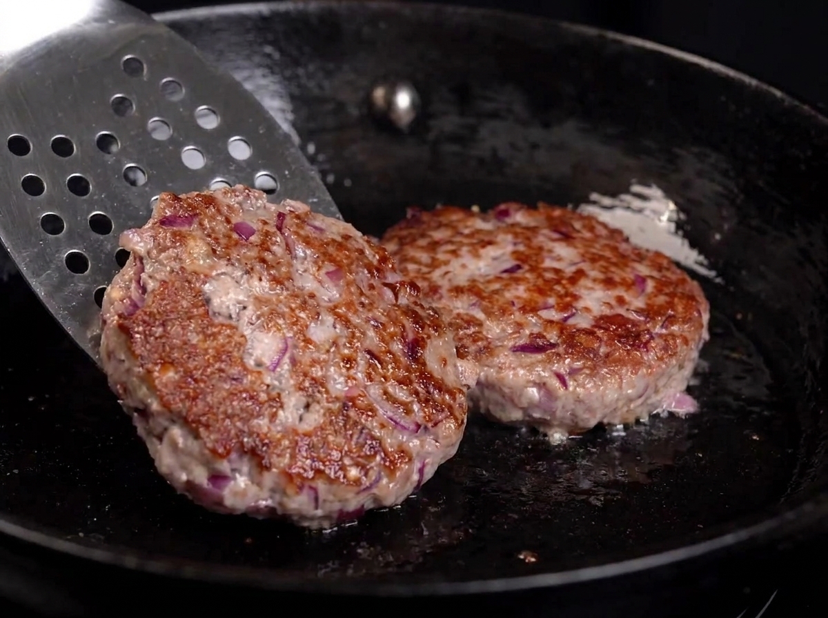 Una spatola di metallo che gira un hamburger in padella, rivelando una crosta bruna e rosolata.