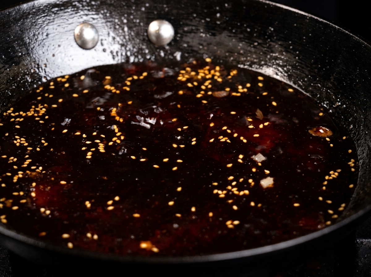 Una salsa bruna e densa che sobbolle in padella, lucida e appiccicosa.